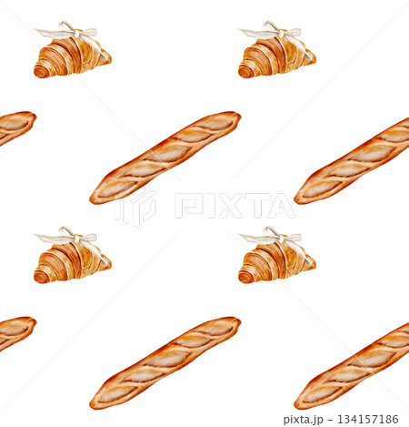 Loaf watercolor seamless pattern . Hand-drawn long baguette with a croissant on a white background. Clip art of baked goods. Ideal for packaging baked goods and kitchen textiles Loaf watercolor seamless pattern . Hand-drawn long baguette with a croissant on a white background. Clip art of baked goods. Ideal for packaging baked goods and kitchen textiles 134157186