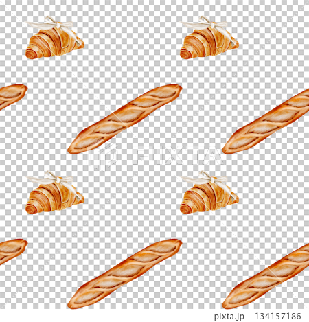 Loaf watercolor seamless pattern . Hand-drawn long baguette with a croissant on a white background. Clip art of baked goods. Ideal for packaging baked goods and kitchen textiles Loaf watercolor seamless pattern . Hand-drawn long baguette with a croissant on a white background. Clip art of baked goods. Ideal for packaging baked goods and kitchen textiles 134157186