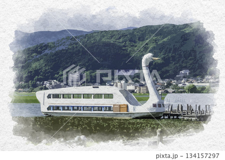 水彩画風　上諏訪　諏訪湖観光汽船　すわん　長野県諏訪市 134157297
