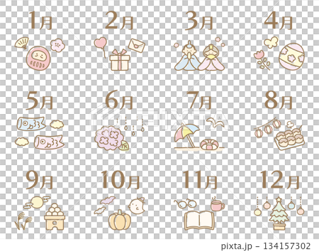 季節の行事のイラストセット、12ヶ月のかわいいカレンダーのタイトル04 134157302