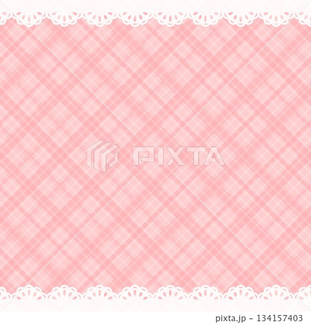 正方形の背景　レースの飾りと斜めのチェック柄　ピンク 134157403