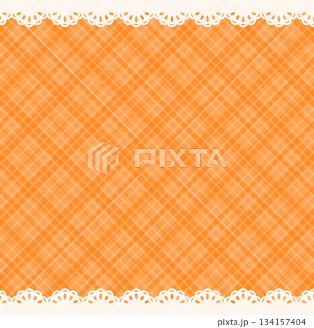 正方形の背景　レースの飾りと斜めのチェック柄　オレンジ 134157404