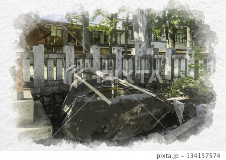 水彩画風　上諏訪　八劔神社　温泉手水　長野県諏訪市 134157574