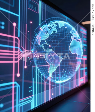 Futuristic global technology network with digital earth, blue and orange data streams, abstract cyber background. Futuristic global technology network with digital earth, blue and orange data streams, abstract cyber background. 134157666