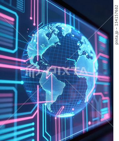 Futuristic global technology network with digital earth, blue and orange data streams, abstract cyber background. Futuristic global technology network with digital earth, blue and orange data streams, abstract cyber background. 134157682