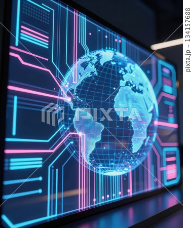 Futuristic global technology network with digital earth, blue and orange data streams, abstract cyber background. Futuristic global technology network with digital earth, blue and orange data streams, abstract cyber background. 134157688