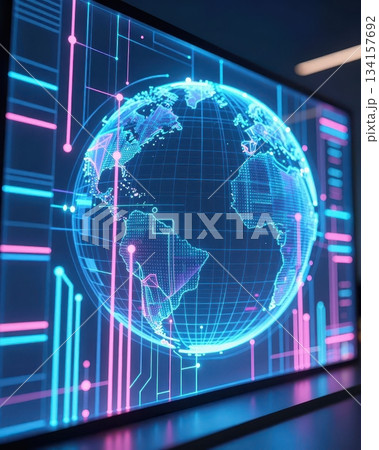 Futuristic global technology network with digital earth, blue and orange data streams, abstract cyber background. Futuristic global technology network with digital earth, blue and orange data streams, abstract cyber background. 134157692