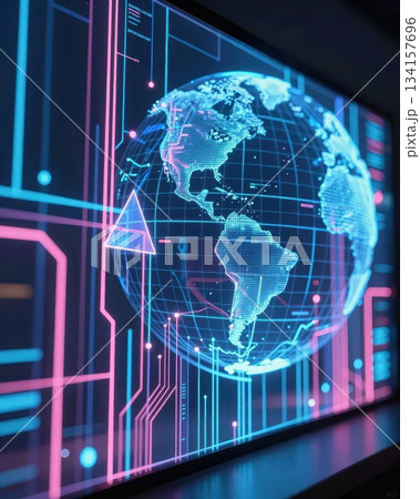 Futuristic global technology network with digital earth, blue and orange data streams, abstract cyber background. 134157696