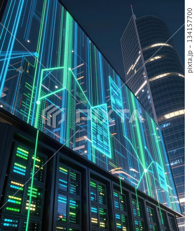 Futuristic technology cityscape with blue and orange neon lights, digital data network architecture, abstract urban background. 134157700