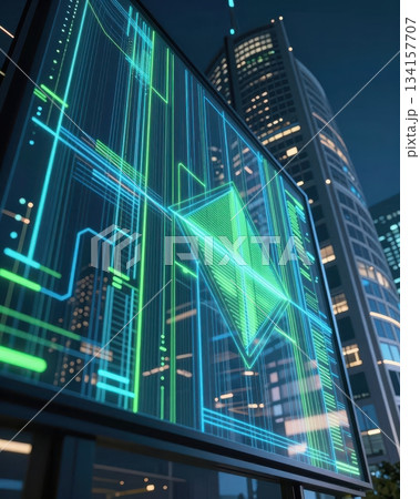 Futuristic technology cityscape with blue and orange neon lights, digital data network architecture, abstract urban background. 134157707