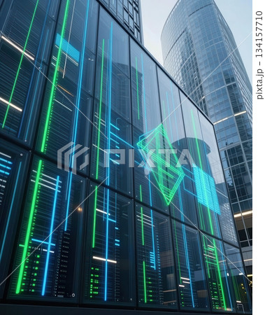 Futuristic technology cityscape with blue and orange neon lights, digital data network architecture, abstract urban background. Futuristic technology cityscape with blue and orange neon lights, digital data network architecture, abstract urban background. 134157710