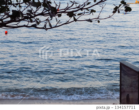 Close-up of soft waves sand beach and blue sea. Texture of water, white foam waves. Seascape, Sea background, Sea water with copy space, summer vacation concept.  134157711