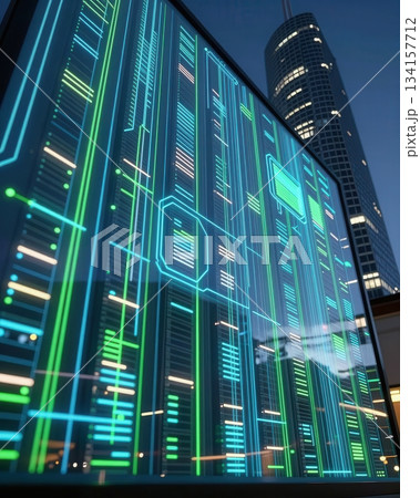 Futuristic technology cityscape with blue and orange neon lights, digital data network architecture, abstract urban background. Futuristic technology cityscape with blue and orange neon lights, digital data network architecture, abstract urban background. 134157712