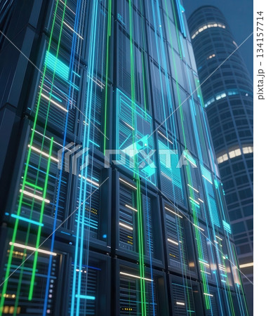 Futuristic technology cityscape with blue and orange neon lights, digital data network architecture, abstract urban background. 134157714