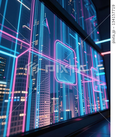 Futuristic technology cityscape with blue and orange neon lights, digital data network architecture, abstract urban background. Futuristic technology cityscape with blue and orange neon lights, digital data network architecture, abstract urban background. 134157719
