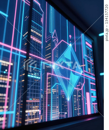Futuristic technology cityscape with blue and orange neon lights, digital data network architecture, abstract urban background. Futuristic technology cityscape with blue and orange neon lights, digital data network architecture, abstract urban background. 134157720