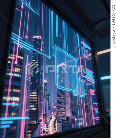 Futuristic technology cityscape with blue and orange neon lights, digital data network architecture, abstract urban background. 134157721