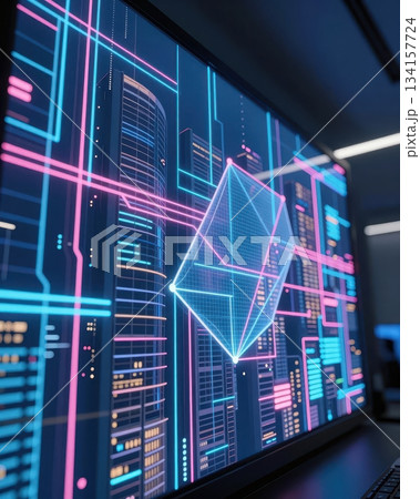 Futuristic technology cityscape with blue and orange neon lights, digital data network architecture, abstract urban background. Futuristic technology cityscape with blue and orange neon lights, digital data network architecture, abstract urban background. 134157724