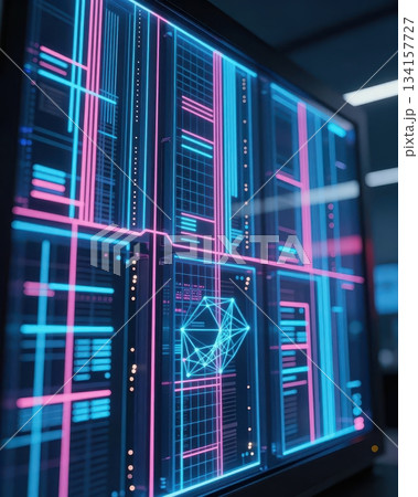 Futuristic technology cityscape with blue and orange neon lights, digital data network architecture, abstract urban background. Futuristic technology cityscape with blue and orange neon lights, digital data network architecture, abstract urban background. 134157727
