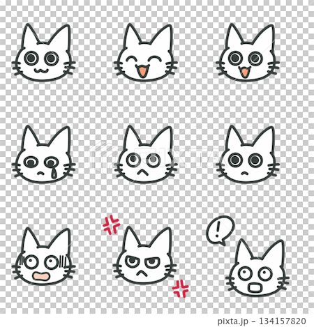 猫の表情9種セットのシンプルベクター素材 134157820
