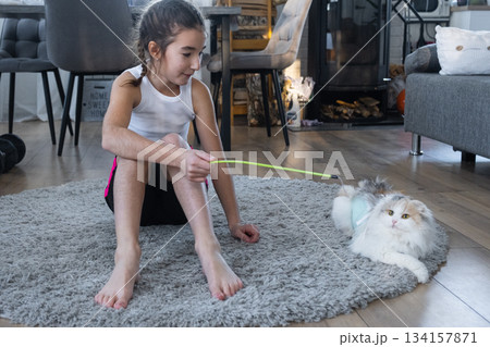 A girl plays with a domestic cat on a carpet with a fishing rod with a worm A girl plays with a domestic cat on a carpet with a fishing rod with a worm 134157871
