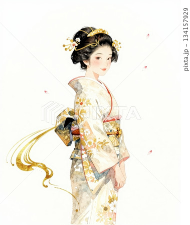 Elegant Japanese Woman in Kimono with Traditional Ink and Gold Floral Art Illustration. 134157929