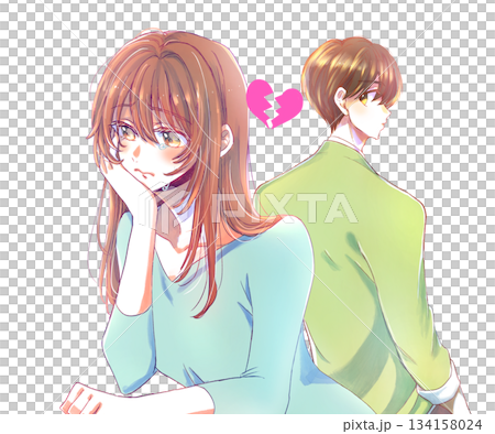 背中合わせの泣く女性と振り返る男性　割れたハート 134158024