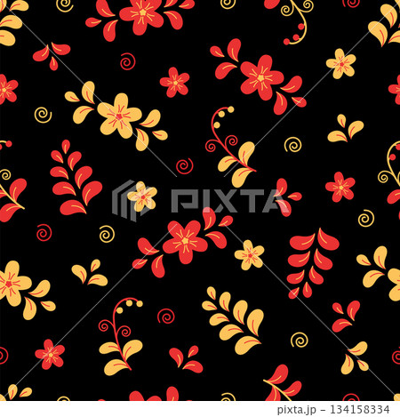 Seamless pattern of abstract patterns of flowers and plants. Cartoon traditional Slavic pattern background. 134158334