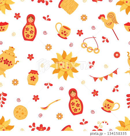 Seamless pattern Maslenitsa is a traditional holiday marking the end of winter. Background Shrovetide. Vector doodle illustration wallpaper. 134158335