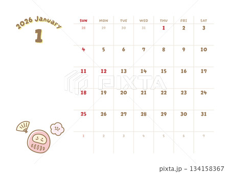 2026年1月カレンダー お正月のだるまのかわいいイラスト 134158367
