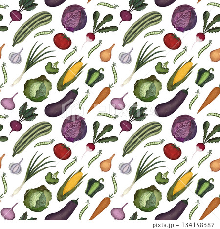 A vibrant seamless pattern featuring a variety of colorful vegetables against a clean white background. 134158387