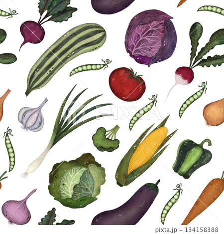 A vibrant seamless pattern featuring a variety of colorful vegetables against a clean white background. 134158388