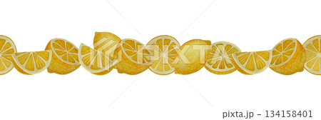 Seamless watercolor border of yellow lemons on white Seamless watercolor border of yellow lemons on white 134158401