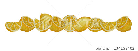 A beautiful watercolor illustration showcasing a long banner adorned with vibrant yellow ripe lemons against a clean white background. A beautiful watercolor illustration showcasing a long banner adorned with vibrant yellow ripe lemons against a clean white background. 134158402