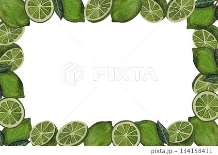 Watercolor rectangular frame of limes on a white background 134158411