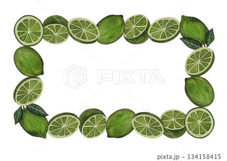 Watercolor rectangular frame of limes on a white background Watercolor rectangular frame of limes on a white background 134158415