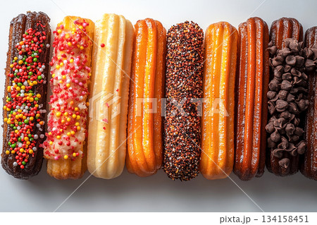 Top view. Various of Mexican churros with chocolate. Street food setting. Cultural and global dessert. 134158451