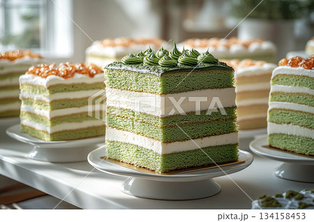 Many biscuits. Japanese matcha mille crepe cake with blossoms. Asian cuisine content. Cultural and global dessert. 134158453