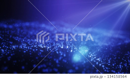 Abstract blue glowing energy waves from particles and magical dots with blur effect on dark background. Abstract background 134158564