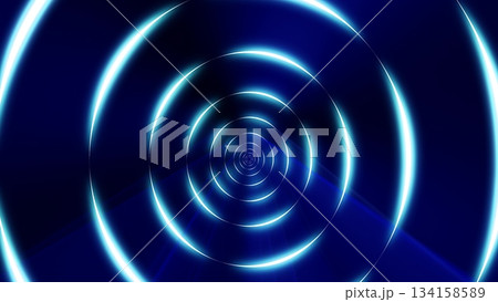 Tunnel of round blue glowing bright neon rings. Abstract background Tunnel of round blue glowing bright neon rings. Abstract background 134158589