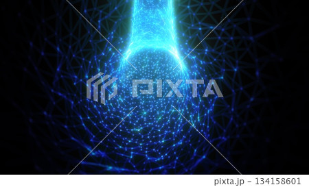 Abstract futuristic tunnel made of triangles and dots of particles of shiny hi-tech beautiful background with a glow and blur effect Abstract futuristic tunnel made of triangles and dots of particles of shiny hi-tech beautiful background with a glow and blur effect 134158601