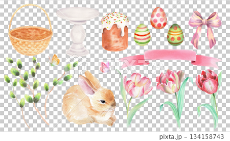 Set of easter watercolor objects. Handmade illustration of rabbit, basket, willow, tulips, easter eggs, butterflies, bow, ribbon, kulich cake and stand cake 134158743