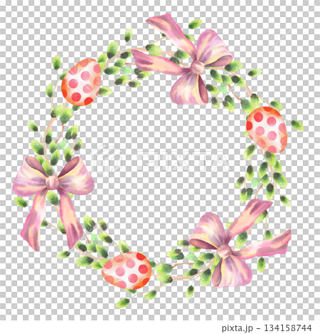 Wreath of willows branches, bows and easter eggs. Handmade watercolor illustration. For fabric, wallpaper, packing paper, greeting cards, design, decoration and illustration. 134158744