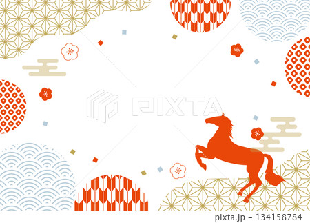 2026年 正月 午年の年賀状 和柄 フレーム 横 2026年 正月 午年の年賀状 和柄 フレーム 横 134158784