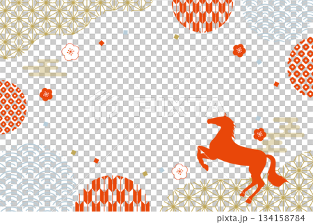 2026年 正月 午年の年賀状 和柄 フレーム 横 2026年 正月 午年の年賀状 和柄 フレーム 横 134158784