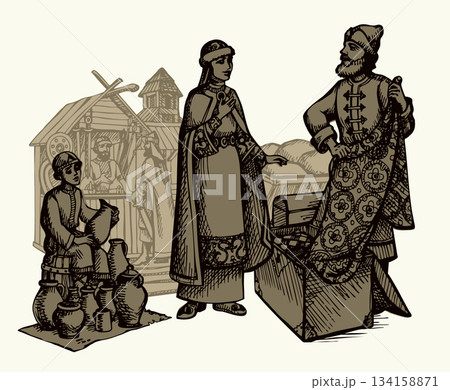 Vector drawing. Man sells a fabric om ancient market 134158871