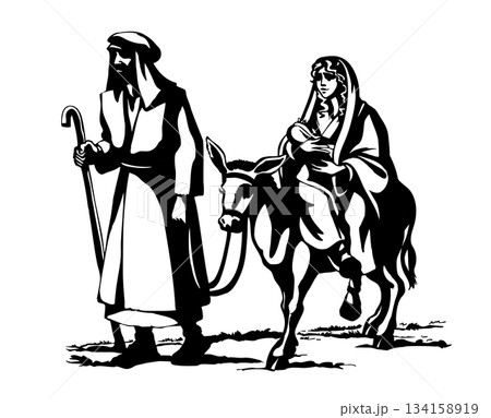 Vector drawing. Mary ride on the donkey Vector drawing. Mary ride on the donkey 134158919