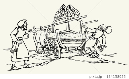 Vector drawing. The ark of the covenant being transported on a wooden cart pulled by two oxens 134158923