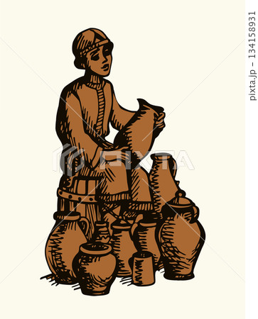 Vector illustration of a boy selling pots. 134158931