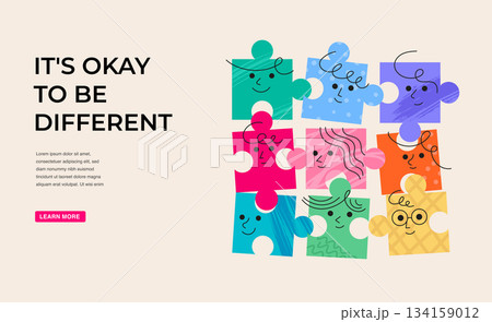 Colorful puzzle icons with funny faces elements. Autism Awareness Day concept design, banner and 134159012